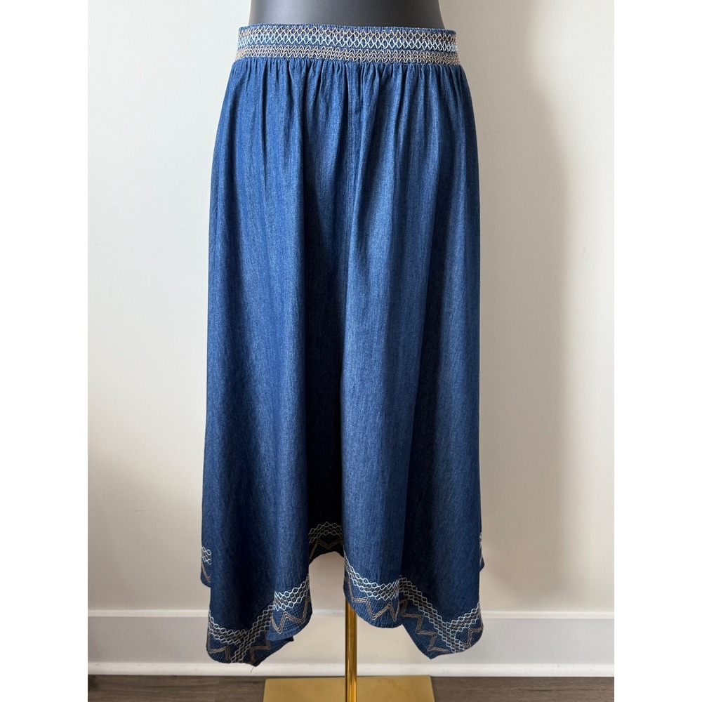 Indigo & Lace Blue Denim Look Handkerchief Hem Embroidered Midi Skirt Womens L - Picture 5 of 9